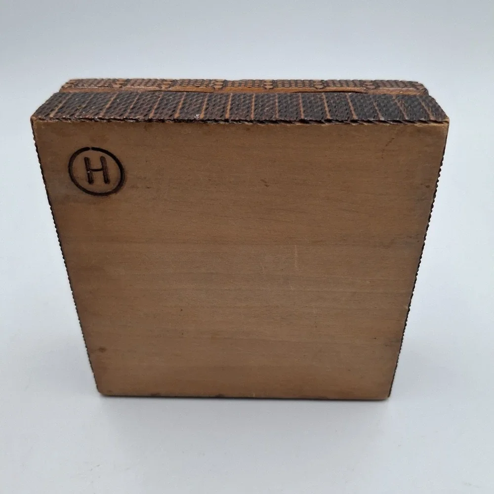 Vintage Hand Carved Wooden Trinket Box Geometric Folk Art Pyrography Square